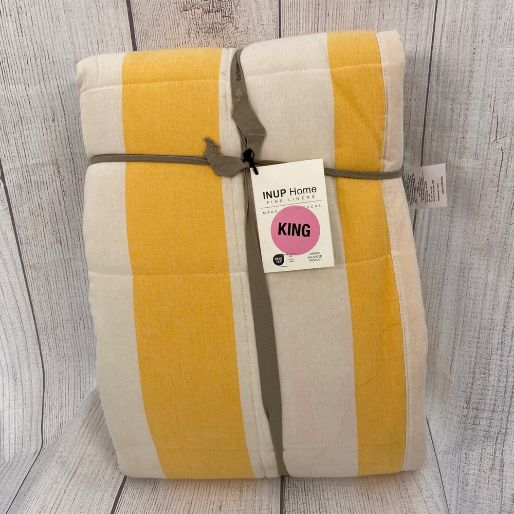 INUP Home Quilt Set King Yellow Cream Striped Cotton Made in Portugal Coastal